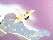 [AYANE]  FLYING CRANE BIRDS  Rose Colour - Japanese Silk  KIMONO Fabric