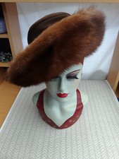 Vintage 1950's  Brown Hat With real Mink fur trim and small satin bow