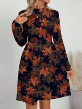 Women’s Floral Round Neck Long Sleeve Midi Dress Casual For Autumn & Winter