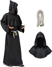 Adult Monk Costume Robe with Hood, Medieval Friar Priest Robe & Cross Necklace