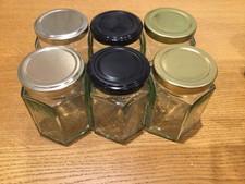 6 hexagonal Used honey Jars with lids capacity 170ml approx