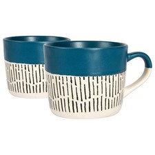 2x Blue 450ml Dipped Dash Stoneware Coffee Mugs Large Ceramic Tea Cups Set