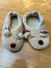PRIMARK BEIGE CREAM WOMEN'S WARM REINDEER CHRISTMAS SLIPPER SOCKS UK 5-6