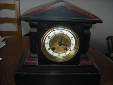 Antique Black Slate Mantel Clock Marble Inlay + Key & Pendulum