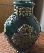 Vintage Moroccan Glazed Clay Vase with Metal Overlay - Dark Green 