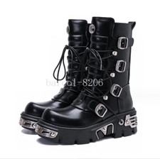 New Rock Boots Unisex Metallic Black Leather Platform Gothic Boots 2024