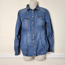 H&M Blue Denim Chest Pockets Button Up Western Cotton Mix Shirt 10UK