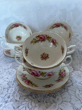 ROYAL ALBERT CHATSWORTH SET OF 6 TWO HANDLED SOUP BOWLS & SAUCERS EXCELLENT