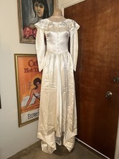 VTG 1940's Alfred Angelo Ivory Satin Beaded Wedding Gown Tiara Art Deco XS/S