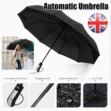 Large Umbrella Windproof Automatic Folding Rain Open Strong Compact 10 Ribs UK