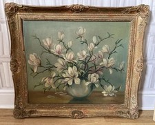 Vintage Oil Painting Canvas Large Magnolia Still Life Signed Framed Shabby Chic