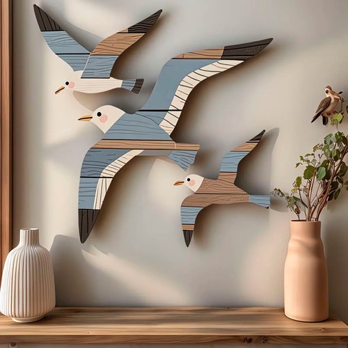 3pcs wooden seagull - wooden, wall