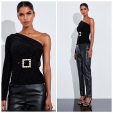 Peace Love Black Jacquard Animal Self Belted Pearl Top