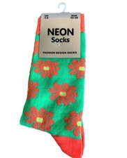 Neon Ankle Socks Green Flowers Daisy Shoe size 4 to 6 35-38 Ladies Girls Boys