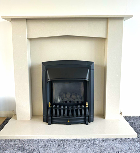 Beige stone fireplace surround - stone,