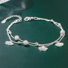 925 Sterling Silver Leaf Bead Linked Charm Bracelet Women Girls Jewellery Gift