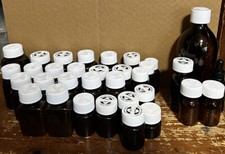 34x plastic/glass amber medicine pills bottles-containers-Capsules-vials-Charity