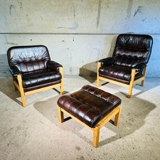 Vintage His and Hers Leather & Oak Swedish Chairs 70s with Footstool #342A
