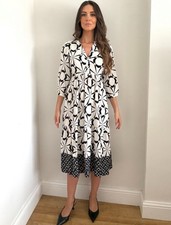 Monsoon White & Black Abstract Print 3/4 Sleeve Tea Dress Size 10-20