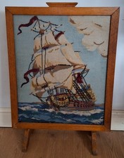 Vintage Wood & Glass Fire Screen Guard with Ship Tapestry - 69x52cm
