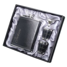 8oz Personalised Engraved Hip Flask Set Gift with Funnel & Shot Glasses PU Leath