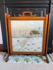 Victorian Arts and Crafts Silk Embroidered Fire Screen, Mahogany, glazed
