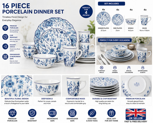 16pc blue floral porcelain - 16pc,