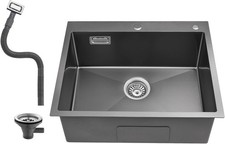 Stainless Steel Kitchen Sink Dark Grey Rectangle Double Tap Faucet Hole 55x50cm 