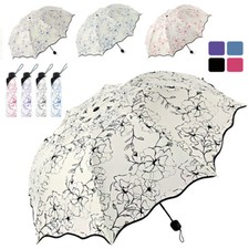 Ladies Windproof Anti-UV Sun Rain Protection Parasol 3 Folding Flower Umbrella