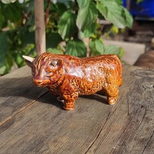 Vintage Ceramic Highland Cow Figurine Rich Brown Glaze Mid 20th Century