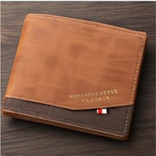 Men's Tan Tri Fold PU Wallet With Gold Foil Print Compact And Stylish New