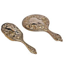Antique Silverplate Mirror and Hairbrush Set.  Art Nouveau Style Decoration.