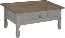 Solid Pine Coffee Table with Drawer, Distressed Grey Wax Finish, 95x50x45cm