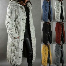 Women's long cardigan coat knitted sweater hood chunky knit long sleeve cardigan