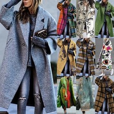 🔥Women Wool Coat Overcoat Button Up Ladies Long Sleeve Print Jacket Coat Parka