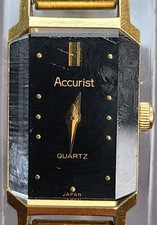 Ladies Accurist Gold Tone Wristwatch - Black Dial & Faceted Crystal - Working