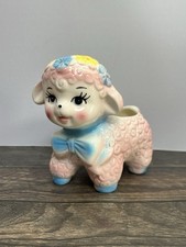 Vintage Baby Lamb, Sheep Planter Pot, Pink, Blue Ceramic, Cute & Kawaii