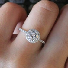 Womens Ladies Solitaire Halo Sterling Silver CZ Engagement Rings