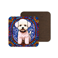 Cute Bichon Frise Dog Puppy Stained Glass Square Coaster Tea Coffee Present Gift