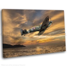 Spitfire Flying At Sunset Canvas Wall Art Picture Framed Print