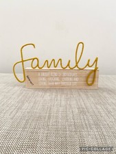 Next Family Sign Yellow Crochet Word Plaque/Knitted Wire Ornament on Wooden Base