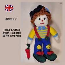 Hand Knitted Plush Rag Doll With Umbrella & cute red & green braces pre owned