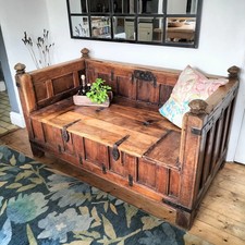 Antique Indian Bench seat dowry chest heavy oak sofa