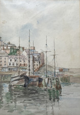 Antique Watercolour Painting-Yorkshire Harbour-Free UK Postage