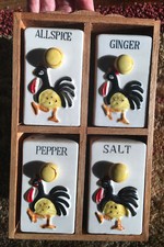 Vintage Spice Rack Jar Set Ceramic + Wooden Wall Hanger 50’s Kitchen Decor Japan