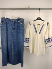 M&S Womens 2pcs Bundle Midi Denim Skirt Cotton Blouse White/Blue Size UK 18 F2