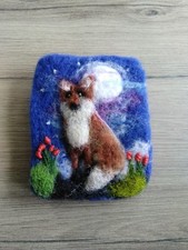 Hand Made Needle Felted Brooch Featuring a fox taking a moonlight stroll