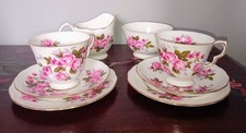 BEAUTIFUL Triplet of Queen Anne English Bone China,PINK Roses,Vintage Set of 2.