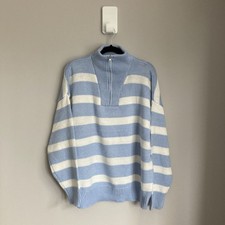 Womens Chunky Knit Jumper Quarter Zip Pullover Striped Blue White 18 Mock Neck