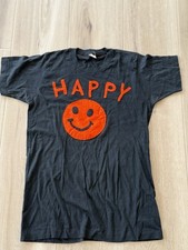 80s Felt Applique Happy Smiley Face T Shirt Black Fruit of Loom Large
